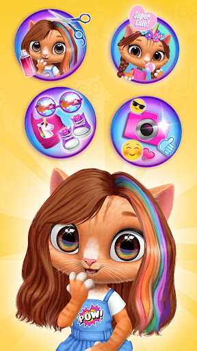 A joyful child immersed in a colorful, virtual animal hair salon, surrounded by smiling animals awaiting their creative makeovers.