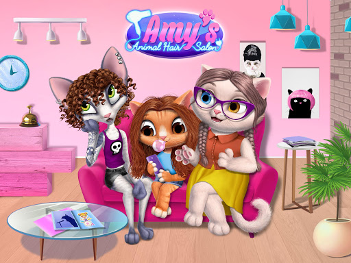 A joyful child immersed in a colorful, virtual animal hair salon, surrounded by smiling animals awaiting their creative makeovers.