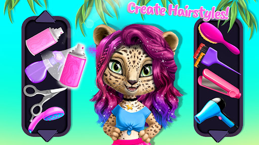 A whimsical and colorful representation of children's creativity in hairstyling and fashion, filled with animal characters and vibrant designs.