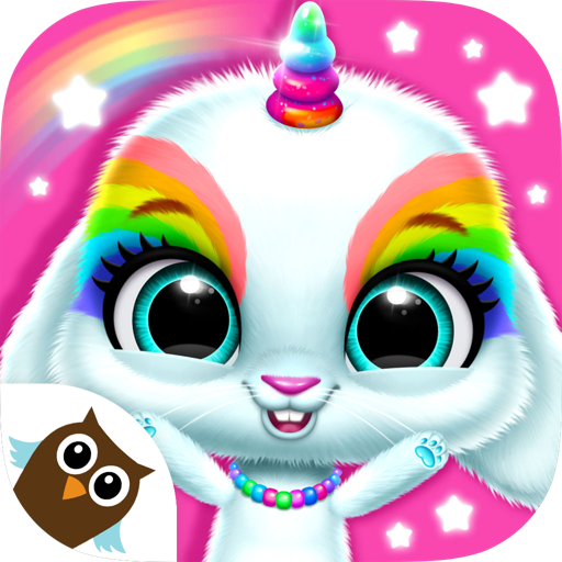 A joyful child playing with an adorable virtual bunny from the Bunnsies game app, representing happiness and creativity.