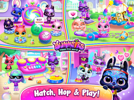 A joyful child playing with an adorable virtual bunny from the Bunnsies game app, representing happiness and creativity.