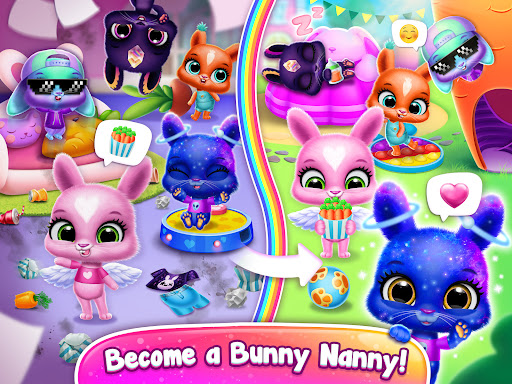 A joyful child playing with an adorable virtual bunny from the Bunnsies game app, representing happiness and creativity.