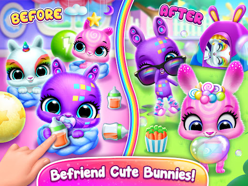 A joyful child playing with an adorable virtual bunny from the Bunnsies game app, representing happiness and creativity.