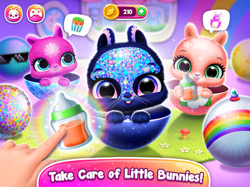 A joyful child playing with an adorable virtual bunny from the Bunnsies game app, representing happiness and creativity.