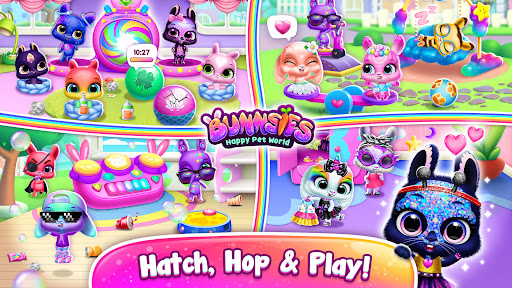 A joyful child playing with an adorable virtual bunny from the Bunnsies game app, representing happiness and creativity.