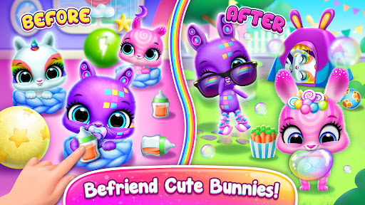 A joyful child playing with an adorable virtual bunny from the Bunnsies game app, representing happiness and creativity.