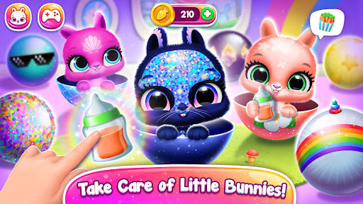 A joyful child playing with an adorable virtual bunny from the Bunnsies game app, representing happiness and creativity.