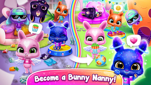 A joyful child playing with an adorable virtual bunny from the Bunnsies game app, representing happiness and creativity.