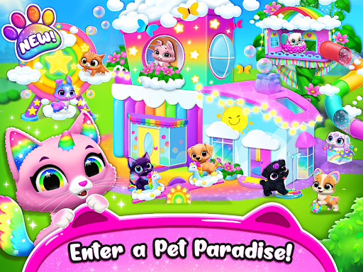 A joyful scene with an adorable virtual pet in a vibrant, colorful setting, evoking feelings of happiness and relaxation.