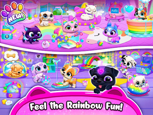 A joyful scene with an adorable virtual pet in a vibrant, colorful setting, evoking feelings of happiness and relaxation.