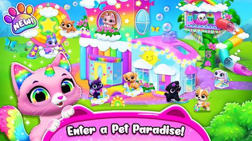 A joyful scene with an adorable virtual pet in a vibrant, colorful setting, evoking feelings of happiness and relaxation.