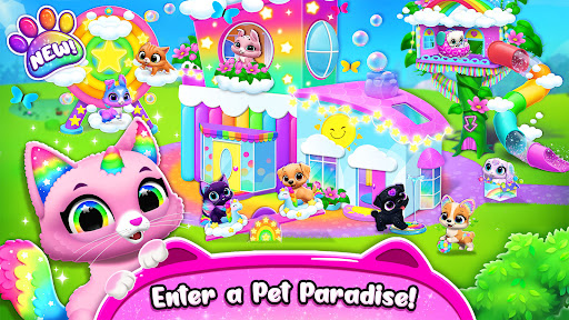 A joyful scene with an adorable virtual pet in a vibrant, colorful setting, evoking feelings of happiness and relaxation.