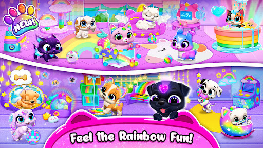 A joyful scene with an adorable virtual pet in a vibrant, colorful setting, evoking feelings of happiness and relaxation.