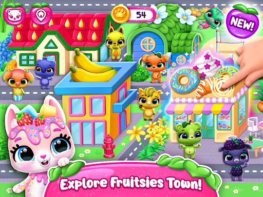 A joyful child immersed in vibrant colors and playful characters from the Fruitsies app, symbolizing fun and educational exploration.