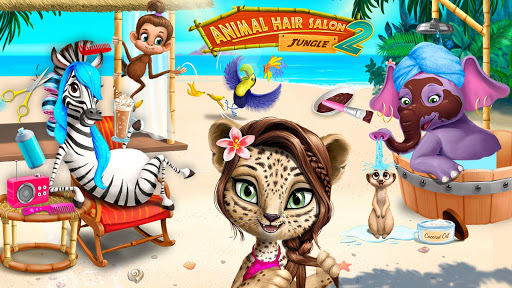 A vibrant and playful illustration capturing the joyful essence of children styling adorable jungle animals in a colorful salon setting, symbolizing creativity and learning.