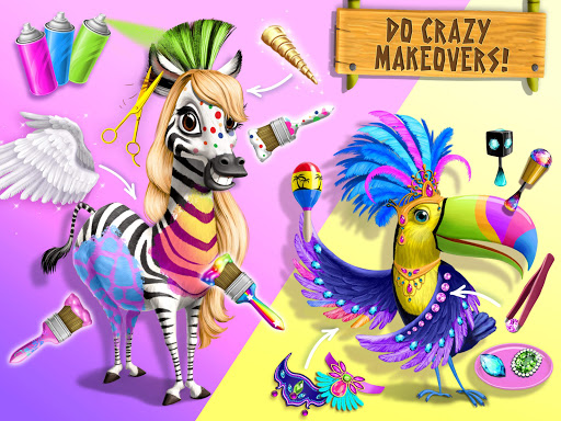 A vibrant and playful illustration capturing the joyful essence of children styling adorable jungle animals in a colorful salon setting, symbolizing creativity and learning.