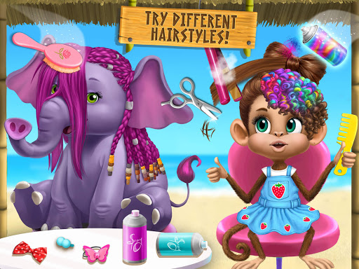 A vibrant and playful illustration capturing the joyful essence of children styling adorable jungle animals in a colorful salon setting, symbolizing creativity and learning.