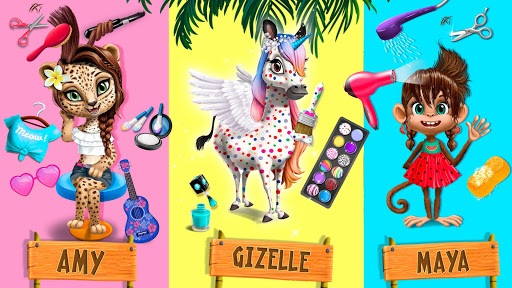 A vibrant and playful illustration capturing the joyful essence of children styling adorable jungle animals in a colorful salon setting, symbolizing creativity and learning.