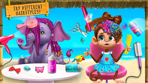 A vibrant and playful illustration capturing the joyful essence of children styling adorable jungle animals in a colorful salon setting, symbolizing creativity and learning.