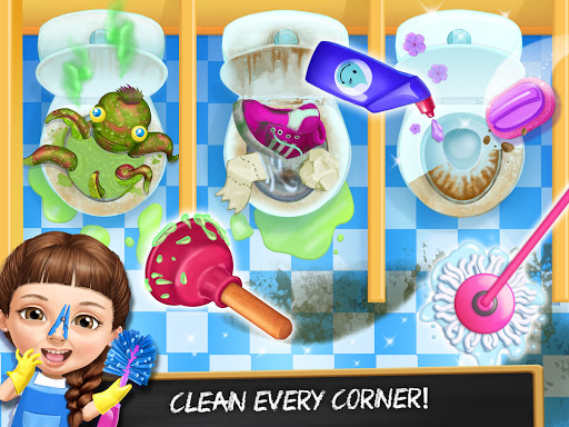 A joyful child engaging in a colorful, educational cleaning game, embodying fun and learning.