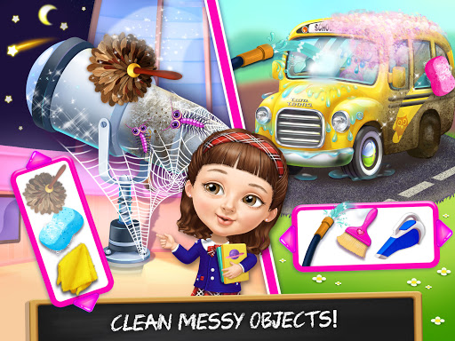 A joyful child engaging in a colorful, educational cleaning game, embodying fun and learning.