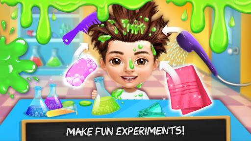 A joyful child engaging in a colorful, educational cleaning game, embodying fun and learning.