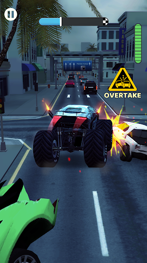 A thrilling car race on a vibrant track, capturing the excitement and speed of the Hyper Overtake game.