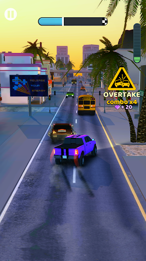 A thrilling car race on a vibrant track, capturing the excitement and speed of the Hyper Overtake game.