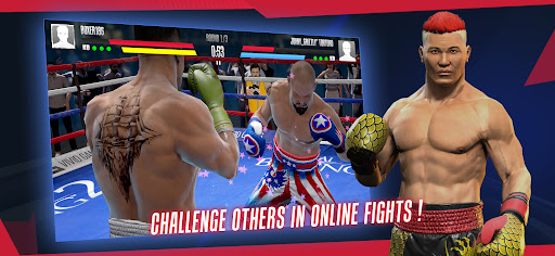 An intense boxing match scene from Real Boxing 2, showcasing fighters in action with vibrant energy and detail.