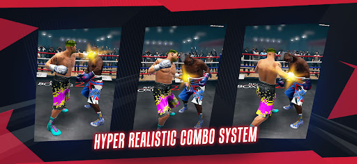 An intense boxing match scene from Real Boxing 2, showcasing fighters in action with vibrant energy and detail.