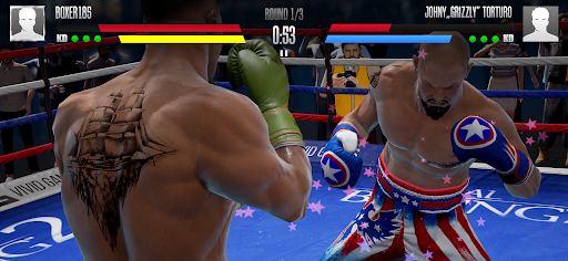 An intense boxing match scene from Real Boxing 2, showcasing fighters in action with vibrant energy and detail.