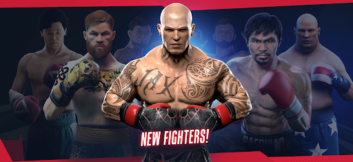 An intense boxing match scene from Real Boxing 2, showcasing fighters in action with vibrant energy and detail.