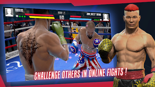 An intense boxing match scene from Real Boxing 2, showcasing fighters in action with vibrant energy and detail.