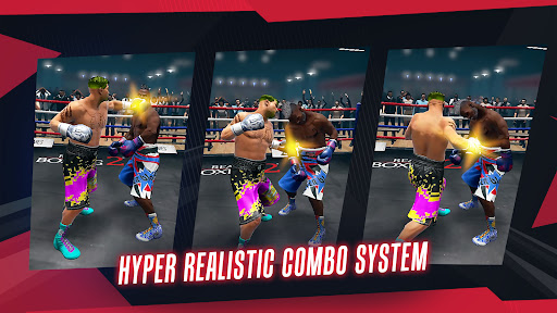 An intense boxing match scene from Real Boxing 2, showcasing fighters in action with vibrant energy and detail.