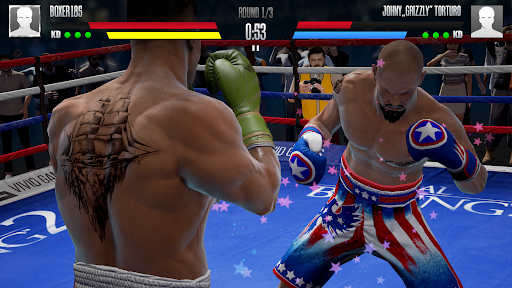 An intense boxing match scene from Real Boxing 2, showcasing fighters in action with vibrant energy and detail.