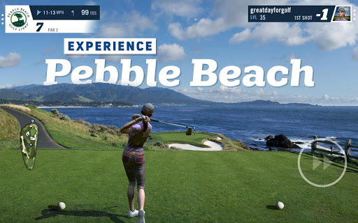 A golfer immersed in a virtual golfing experience, swinging confidently on a lush green course, under a clear blue sky.