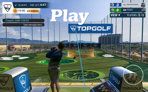 A golfer immersed in a virtual golfing experience, swinging confidently on a lush green course, under a clear blue sky.