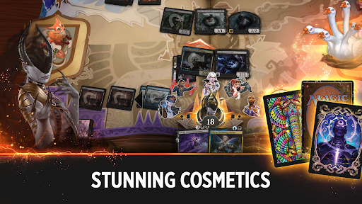 A player deeply engrossed in a strategic match of Magic The Gathering Arena, surrounded by vibrant digital cards and spellbinding animations, evoking a sense of thrill and anticipation.