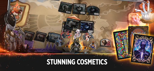 A player deeply engrossed in a strategic match of Magic The Gathering Arena, surrounded by vibrant digital cards and spellbinding animations, evoking a sense of thrill and anticipation.