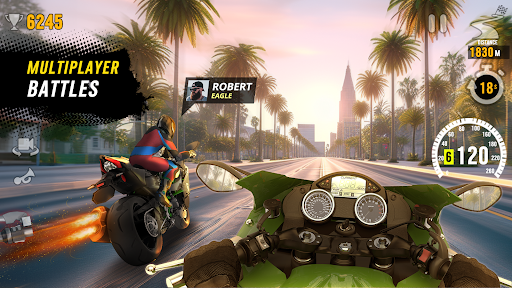 Thrilling motorcycle race with vibrant graphics and dynamic gameplay, capturing the essence of adventure and excitement.