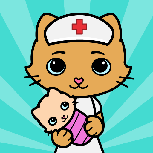 A vibrant, engaging hospital scene with cheerful cartoon characters, capturing the playful and educational essence of the Yasa Pets Hospital game.