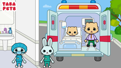 A vibrant, engaging hospital scene with cheerful cartoon characters, capturing the playful and educational essence of the Yasa Pets Hospital game.