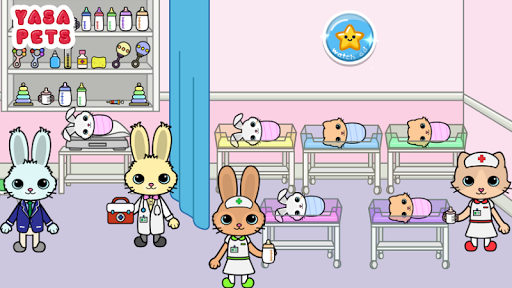 A vibrant, engaging hospital scene with cheerful cartoon characters, capturing the playful and educational essence of the Yasa Pets Hospital game.