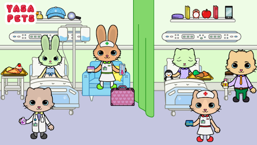 A vibrant, engaging hospital scene with cheerful cartoon characters, capturing the playful and educational essence of the Yasa Pets Hospital game.