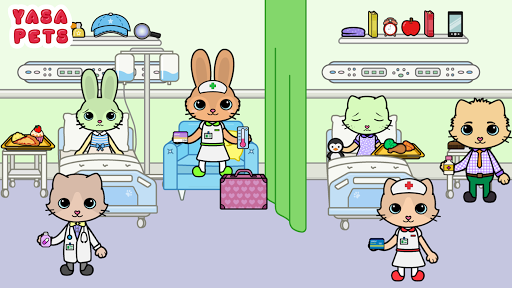 A vibrant, engaging hospital scene with cheerful cartoon characters, capturing the playful and educational essence of the Yasa Pets Hospital game.