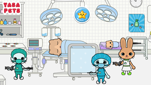 A vibrant, engaging hospital scene with cheerful cartoon characters, capturing the playful and educational essence of the Yasa Pets Hospital game.