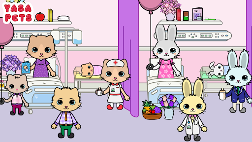 A vibrant, engaging hospital scene with cheerful cartoon characters, capturing the playful and educational essence of the Yasa Pets Hospital game.