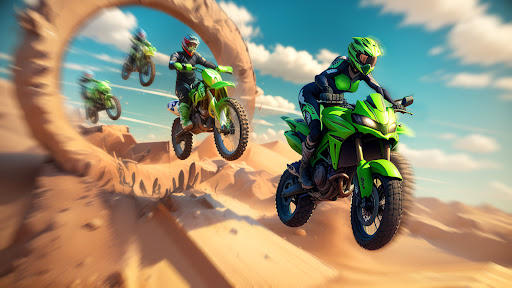 A thrilling motorcycle race with vibrant graphics and intense action, capturing the excitement and adrenaline of high-speed racing on a mobile platform.