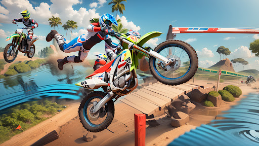 A thrilling motorcycle race with vibrant graphics and intense action, capturing the excitement and adrenaline of high-speed racing on a mobile platform.