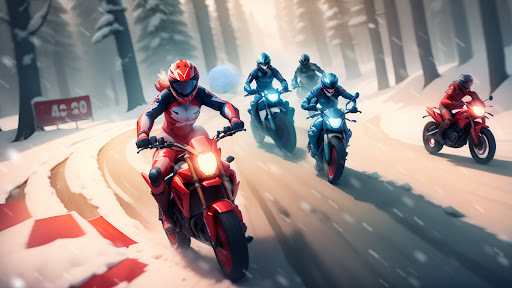 A thrilling motorcycle race with vibrant graphics and intense action, capturing the excitement and adrenaline of high-speed racing on a mobile platform.